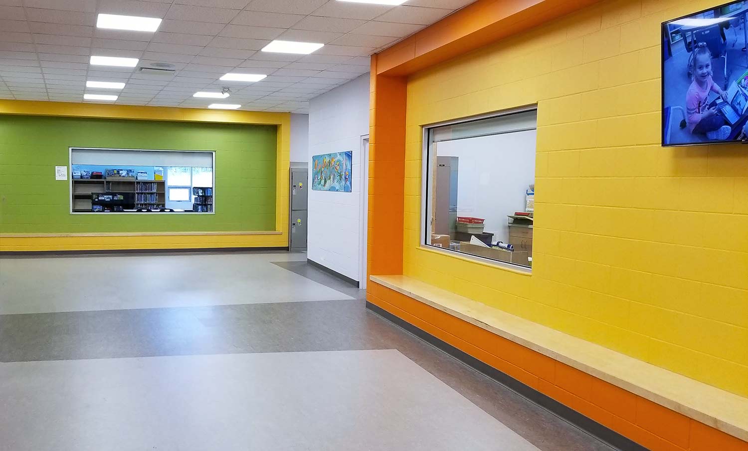 Ardrossen Elementary School orange, yellow and green hallways